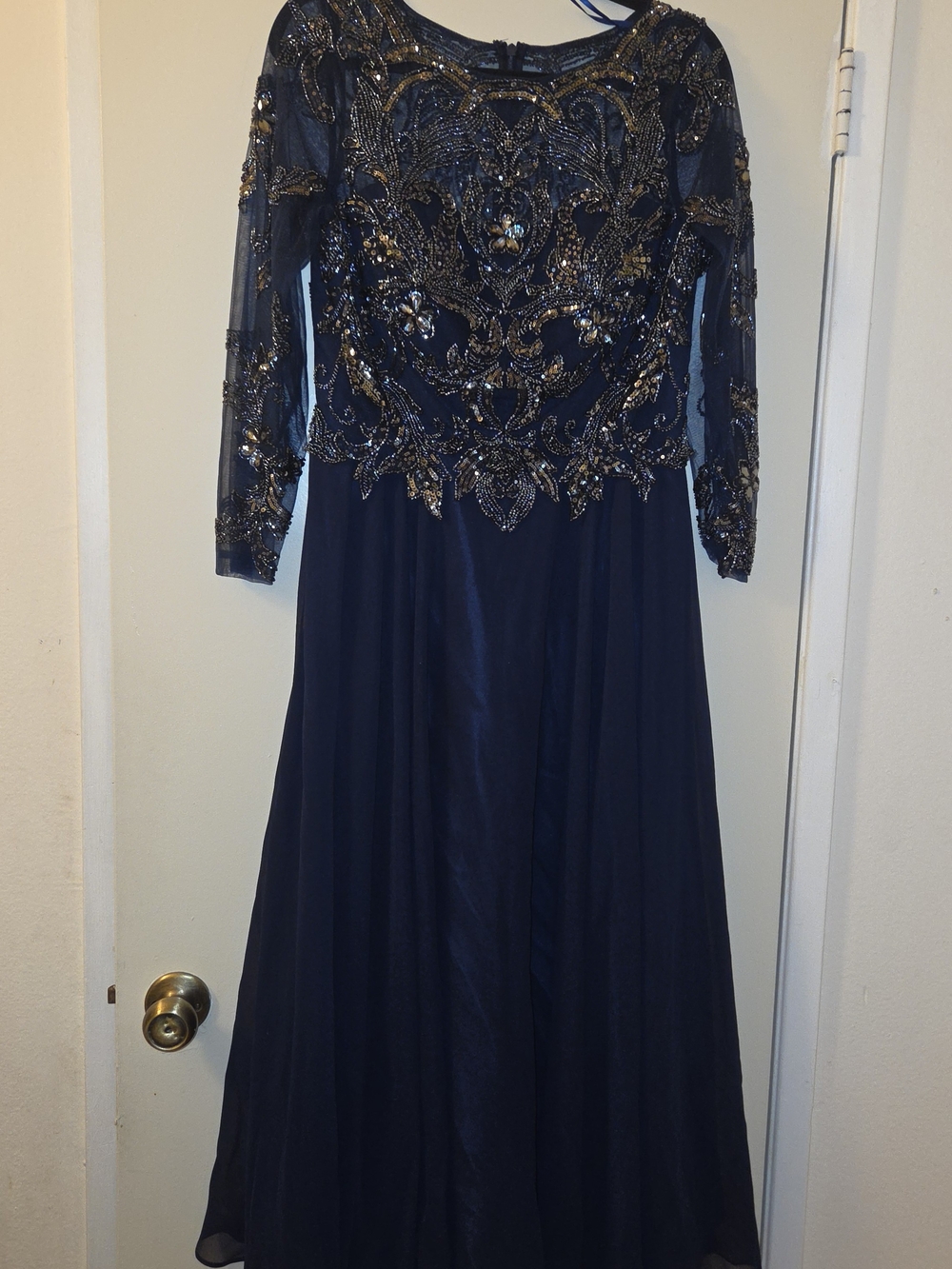 Xscape Navy Long Sleeve Beaded Evening Gown